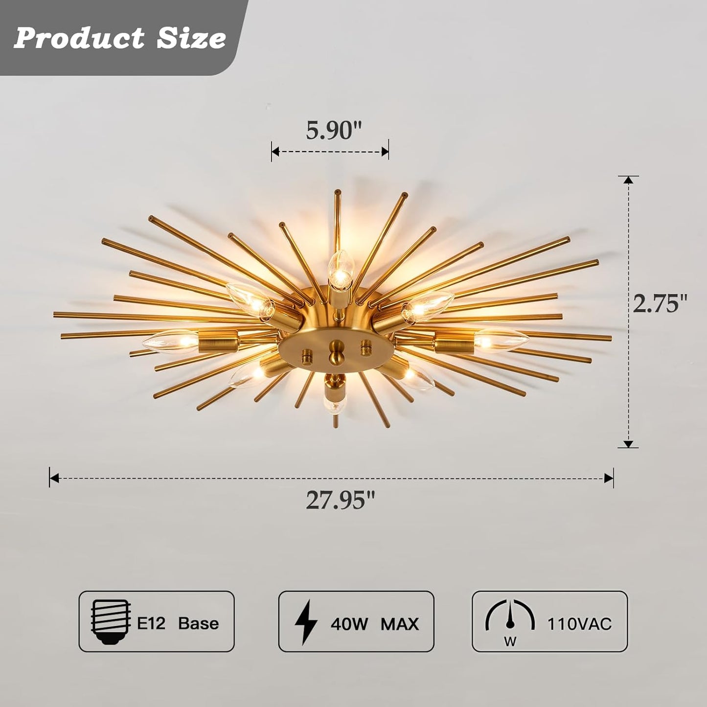 Semi Flush Mount 8 Light Ceiling Light Modern Metal Ceiling Lighting Gold Light Fixture Chandelier for Farmhouse Kitchen Dining Room Bedroom Hallway Living Room.