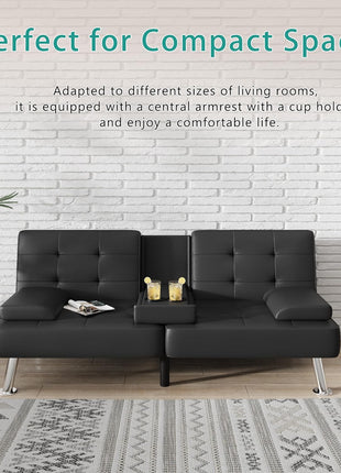 Modern Convertible Futon Sofa Bed with Recliner Lounge and Removable Armrests, Black PU Leather, Featuring Dual Cup Holders
