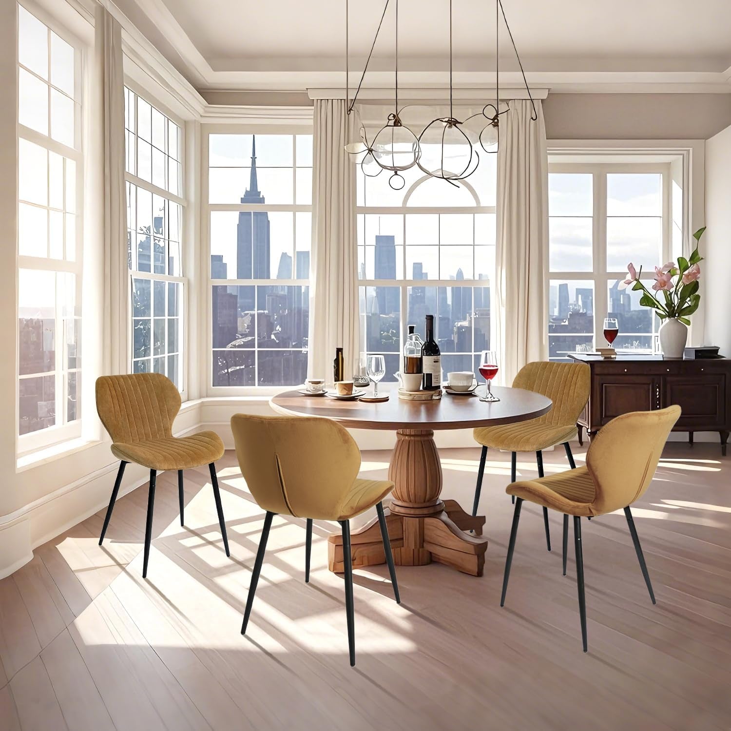 Modern Velvet Dining Chairs Set of 4, Modern Kitchen Chairs Comfortable Upholstered Armless Accent Dining Room Chairs with Metal Legs for Kitchen, Living Room, Yellowish Brown