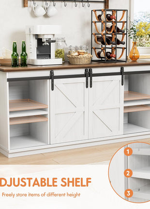 Farmhouse Sideboard Buffet Cabinet with Sliding Barn Doors and Shelving for Dining Room and Coffee Bar, White Finish