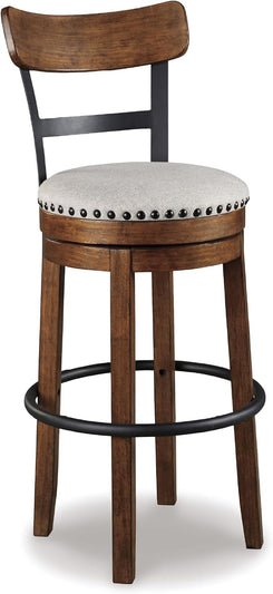 Valebeck | 30″ Farmhouse Pub-Height Swivel Barstool with Back – Upholstered Cushion, Nailhead Trim, Metal & Wood Frame, Brown
