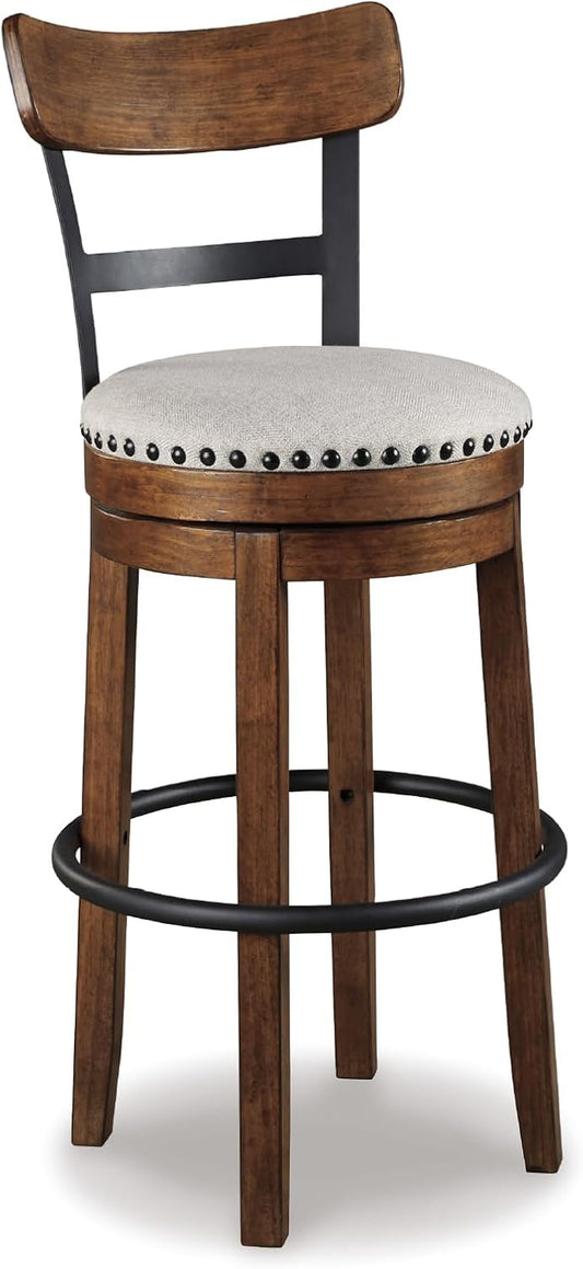 Valebeck | 30″ Farmhouse Pub-Height Swivel Barstool with Back – Upholstered Cushion, Nailhead Trim, Metal & Wood Frame, Brown
