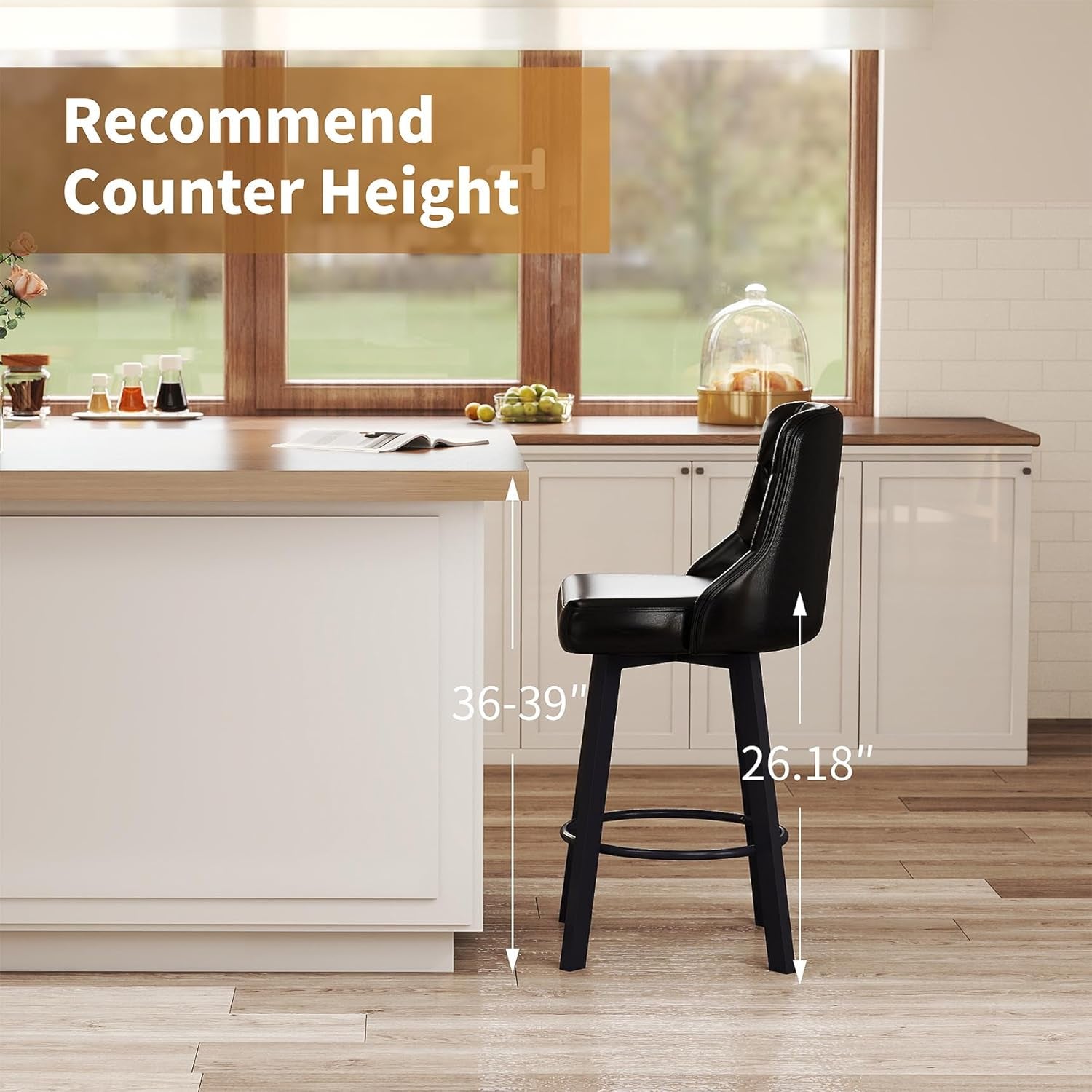 Swivel Barstools Set of 4, 26’’H Modern Counter Height Barstool with Metal Legs,Faux Leather Upholstered Bar Stools with Back for Kitchen Island, Dining Room, Pub - Black