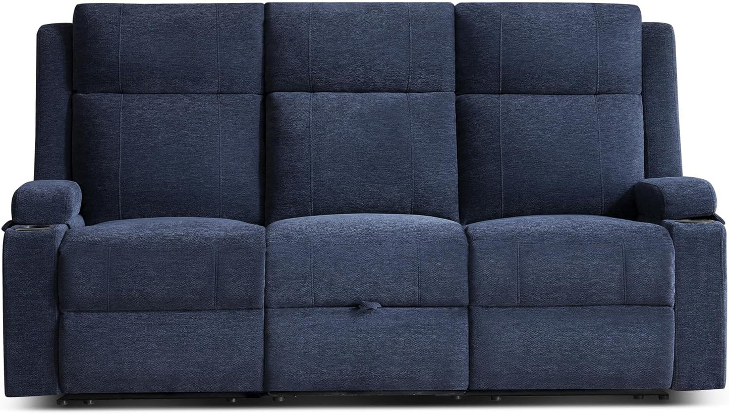 Large Manual Reclining Sofa 3-Seater Chenille Recliner Couch with Cup Holders, Wide Seat, Easy Assembly & Spill-Resistant Fabric Cozy Reclining Sofa for Living Room, Apartment, RV, Blue
