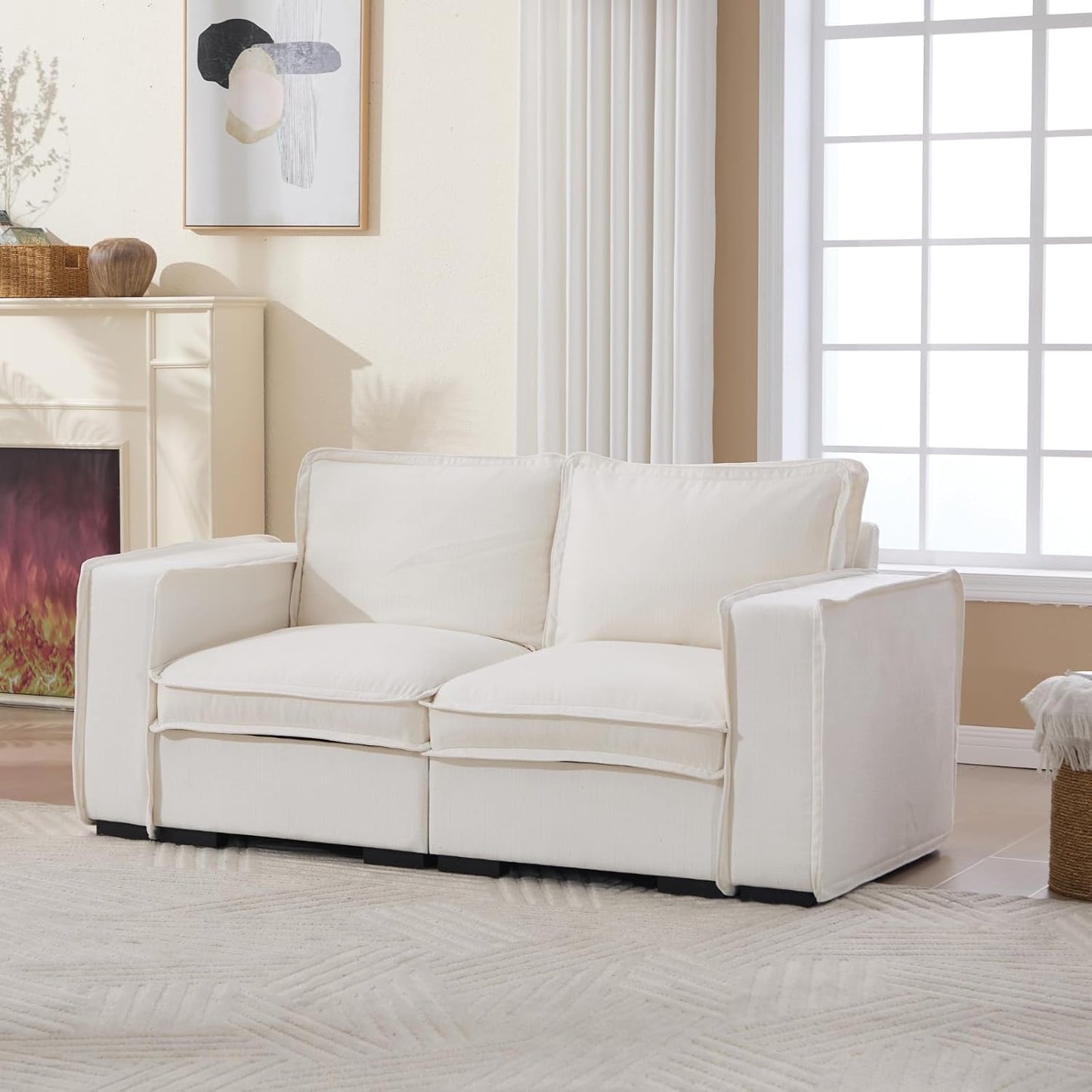 HEAY-YO 67 Inches Modern Modular Sectional Sofa,2-Seater Comfy Couch with High Density Foam and Armrests,Floor Sofa for Living Room Bedroom Apartment,Linen White