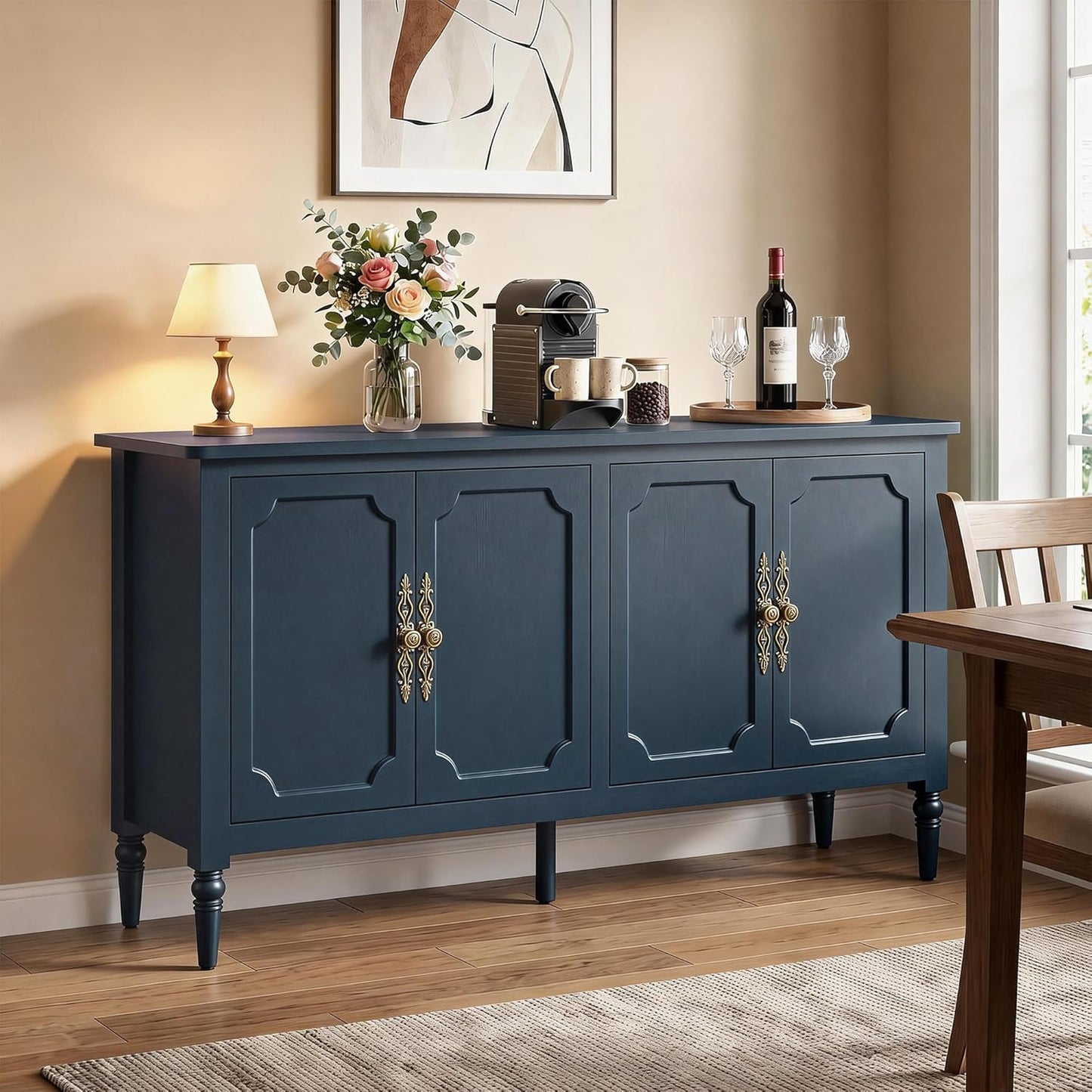 59" Buffet Cabinet with Storage, Vintage Sideboard with Adjustable Shelves & Carved Handle, Mid Century Modern Painted Credenza Coffee Bar for Kitchen, Dining Room, Navy Blue