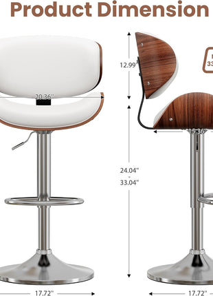 Set of 2 Adjustable Height Swivel Bar Stools with Bentwood Design, PU Leather Upholstery, Backrest, and Footrest for Bar, Kitchen, and Dining Room in White