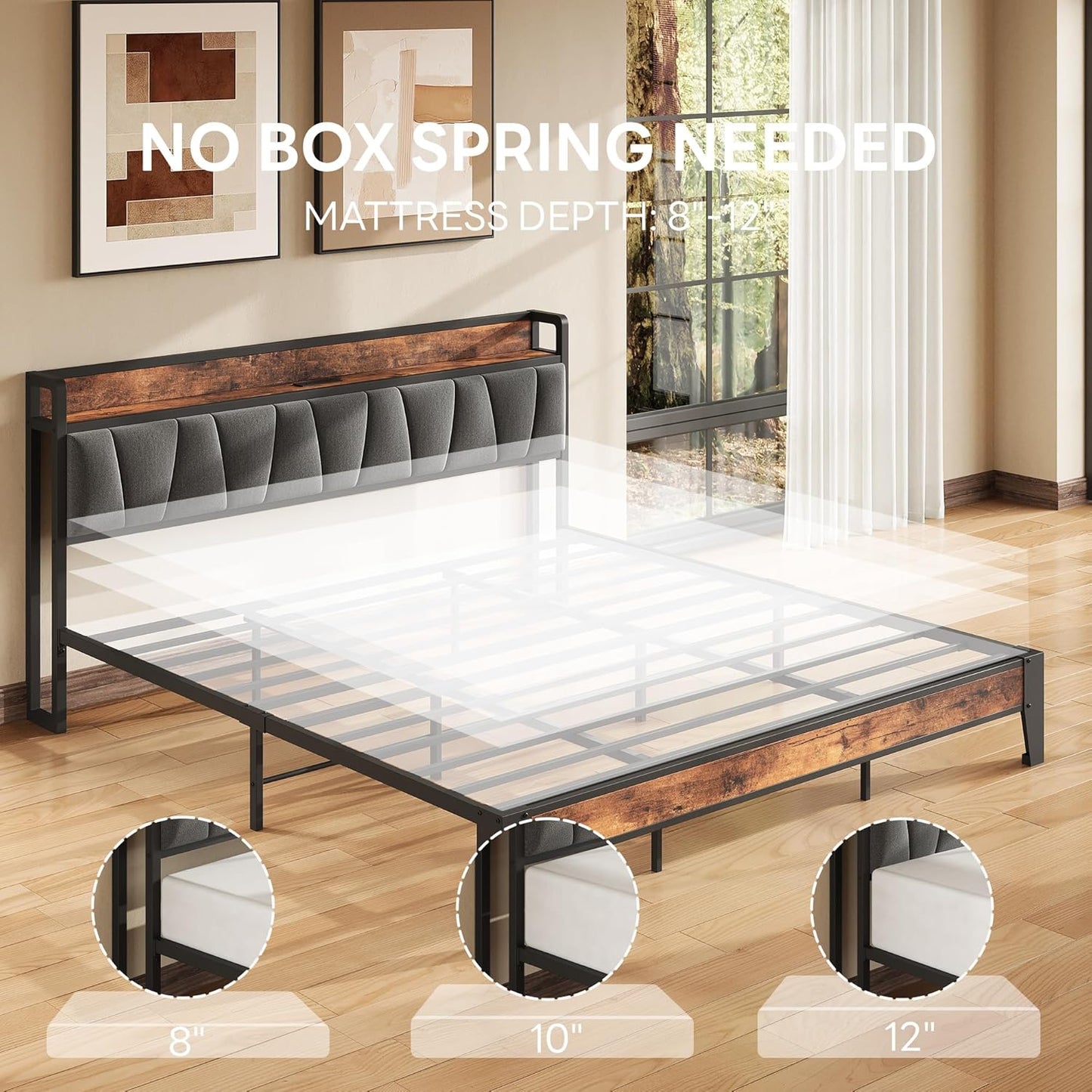 King Size Bed Frame, Storage Headboard with Charging Station, Solid and Stable, Noise Free, No Box Spring Needed, Easy Assembly