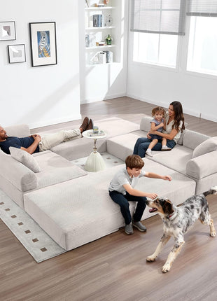 Luxurious Oversized Modern Corduroy L-Shaped Sleeper Sofa with Storage and Pillows in Beige and White