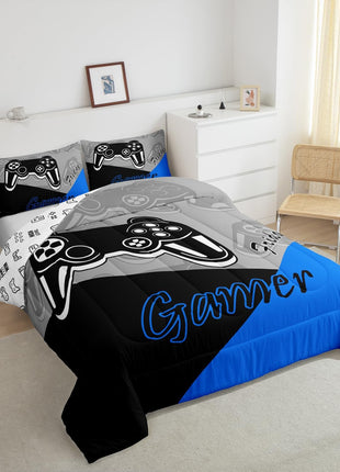 Twin Size Gaming Comforter Set for Boys - All-Season Video Game Themed Bedding with Comforter and Pillowcase in Blue, Black, and Grey