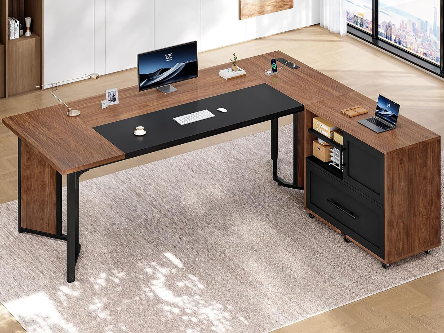 63" Executive Desk with Mobile File Cabinet, Large Office Desk with Drawer, Modern L Shaped Desk with Power Outlets, Storage Shelves, Corner Computer Desk Business Workstation Set (Walnut)