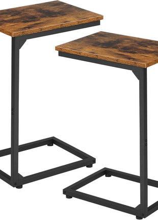 C-Shaped Rustic Brown Side Table Set of 2 for Living Room and Bedroom, Space-Saving Design for Sliding Under Couch, Model HET02CBR