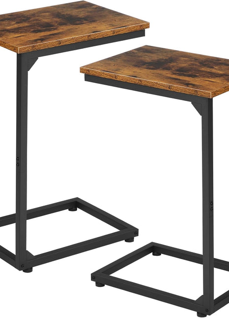C-Shaped Rustic Brown Side Table Set of 2 for Living Room and Bedroom, Space-Saving Design for Sliding Under Couch, Model HET02CBR