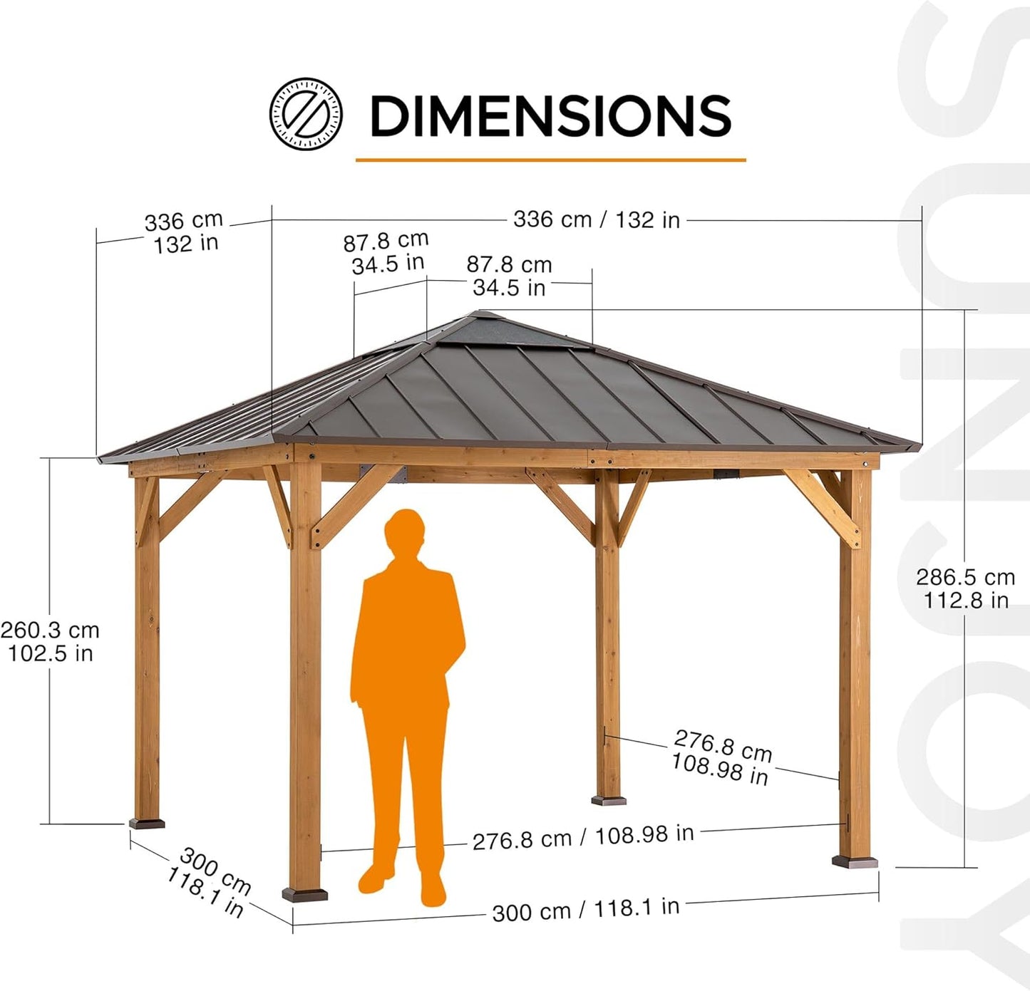 Hardtop Gazebo 11 X 11 Ft. Cedar Framed Wood Gazebo with Brown Steel and Polycarbonate Hip Roof Hardtop for Garden, Backyard Shade