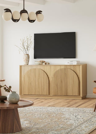 65-Inch Contemporary Fluted Sideboard Buffet Cabinet with Double-Layered Arch Doors, Oak Wood Accent Console for Living Room, Dining Room, Hallway, and Entryway