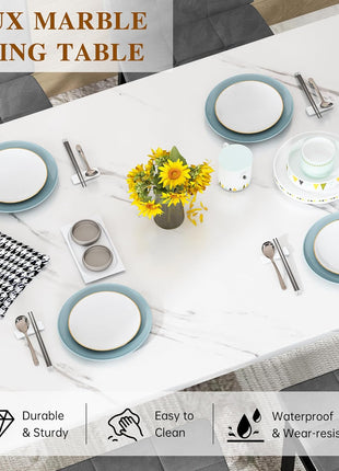 Contemporary Dining Table Set for Four with Faux Marble Surface and Velvet Upholstered Chairs, Perfect for Compact Spaces in White and Grey