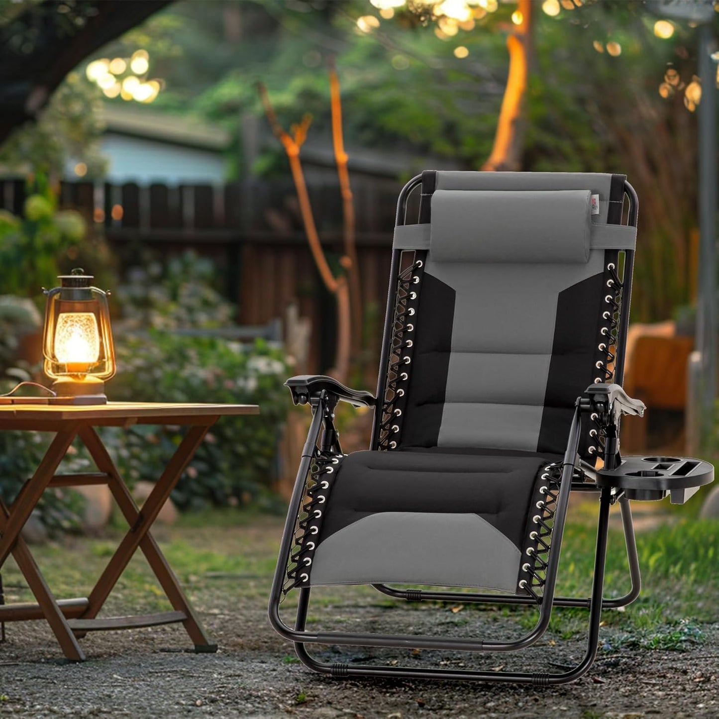 Oversized Zero Gravity Chairs Set of 2, Folding Padded Recliner anti Gravity Lounge Chair with 28" Wide Seat and Cup Holder, Support 400Lbs, Grey & Black