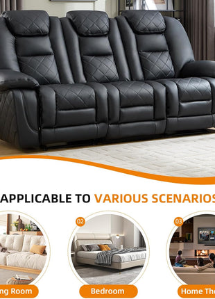 Faux Leather Electric Power Reclining Sofa with USB and Type-C Charging Ports, Plush Three-Seat Design, Overstuffed Armrests and Backrest, Ideal Living Room Furniture in Black