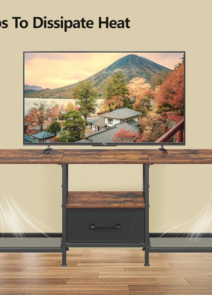 Industrial TV Stand with Fabric Drawer - Rustic Brown Entertainment Center for 50-55 Inch TVs with Open Storage Shelves for Living Room and Bedroom