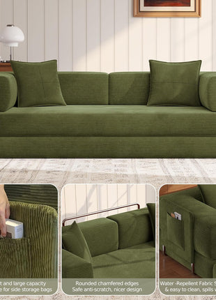 78.8'' Convertible Sleeper Sofa - Modular Corduroy Couch with Armrest Pillow, Easy Setup, Green
