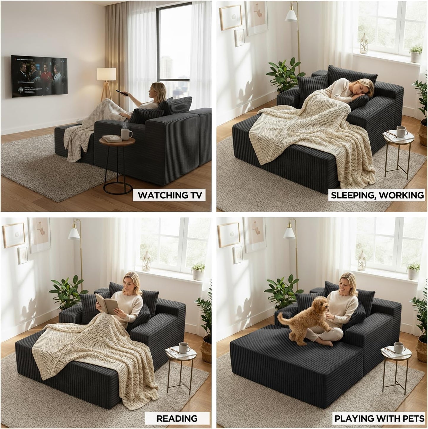 Chaise Lounge with Armrests, Oversized Sofa Bed with 3 Pillows, Cozy Boneless Couch, Sleeper Reading Chair for Living Room Bedroom, Floor Sofa Corduroy, Furniture Sala, Volcanic Ash