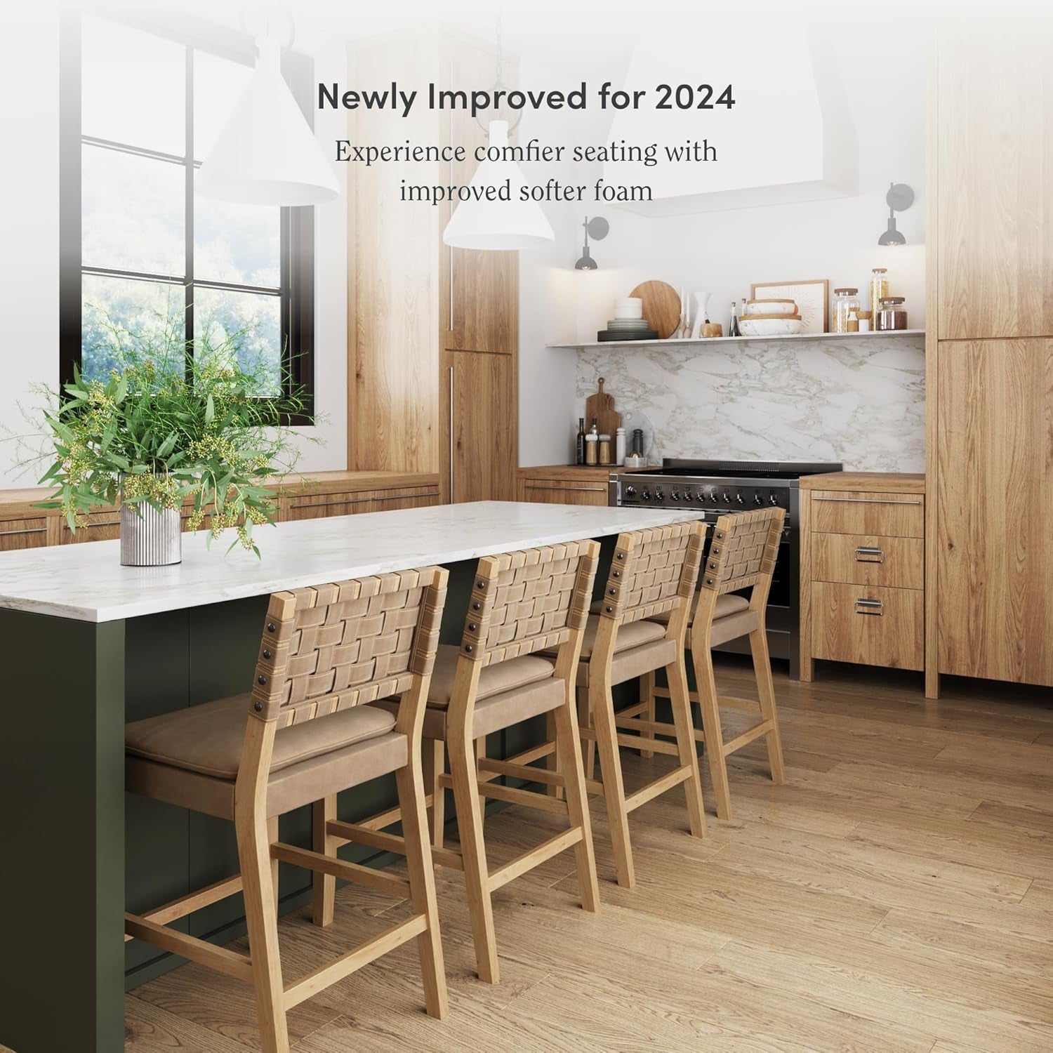 Cohen Mid-Century Modern Leather Bar Stool, Counter Height Chair in Solid Wood Frame with Footrest and Woven Leather Back for Kitchen, Natural Brown, 1 Count, Barstool - 24"