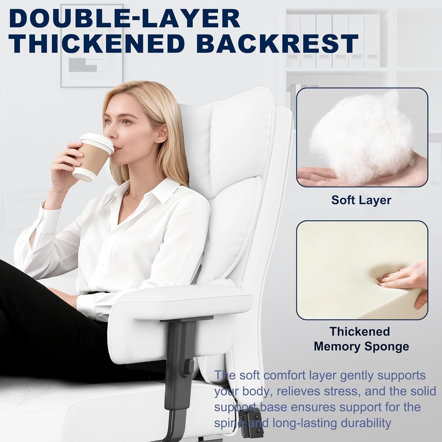 Big and Tall Office Chair with Footrest, High Back Executive Desk Chair with Adjustable Lift Armrest, 155°Recline，Lumbar Support Pillow, Faux Leather Gaming Chairs for Home or Office White