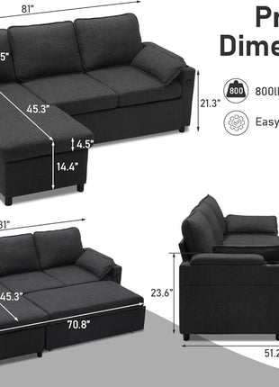 Contemporary Dark Gray 2-in-1 Pull-Out Sectional Sofa Bed with Storage, USB Ports, and Cup Holder - Ideal for Apartment Living Spaces