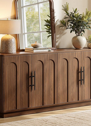 67" Arched Walnut Buffet Cabinet with Storage - Large Mid-Century Modern Credenza with 4 Doors for Kitchen and Living Room (67" x 31.5" x 15.7")