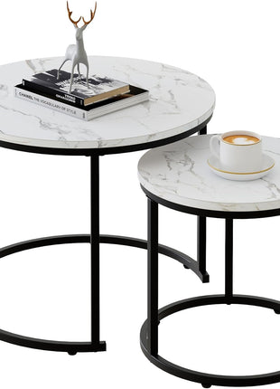 Set of 2 Round Nesting Coffee Tables Featuring White Faux Marble Tops and Black Steel Frames for Living Room, Bedroom, and Balcony Use