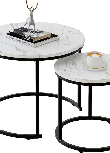Set of 2 Round Nesting Coffee Tables Featuring White Faux Marble Tops and Black Steel Frames for Living Room, Bedroom, and Balcony Use
