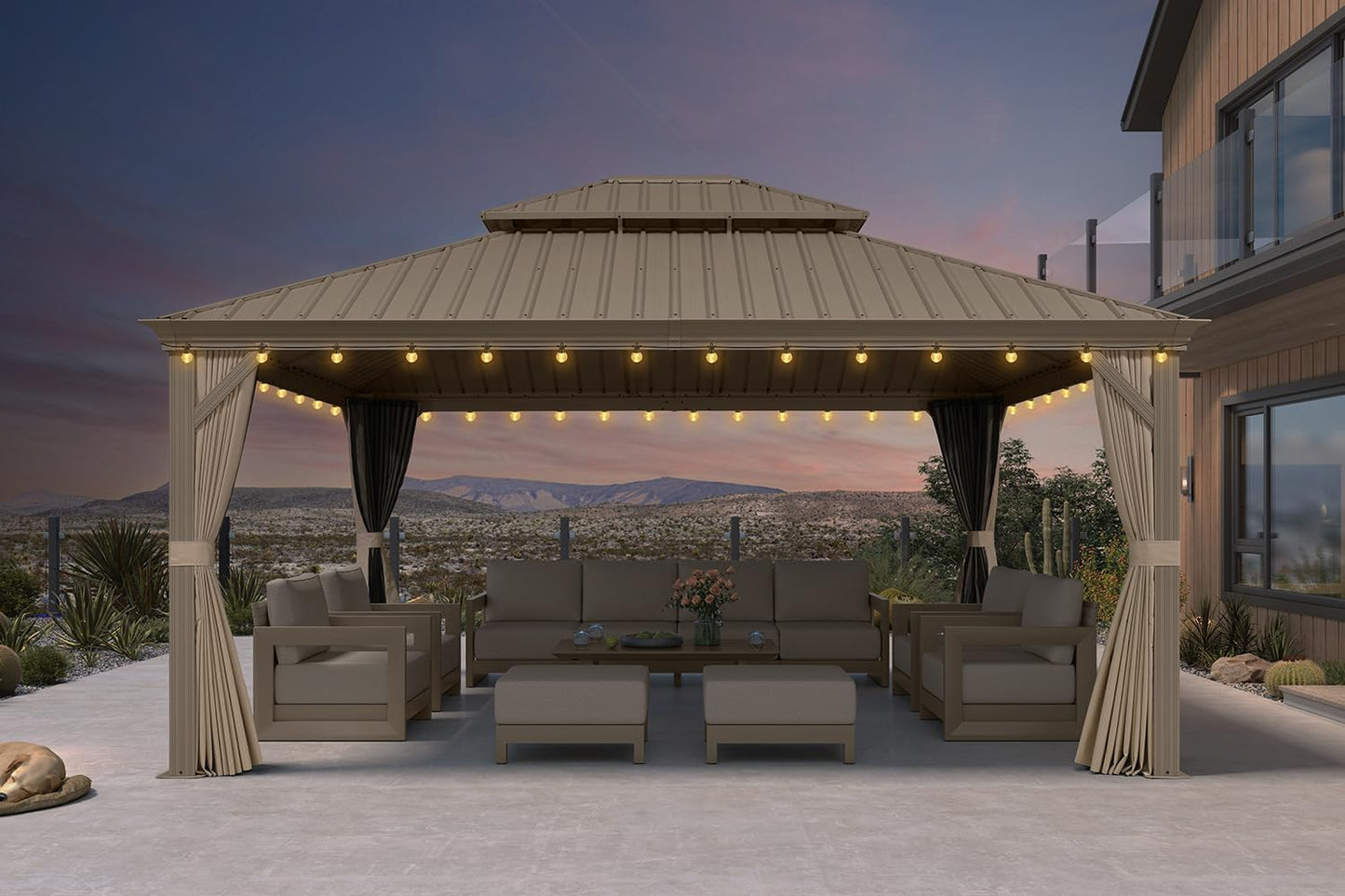 Outdoor Gazebo 14'X16'，Champagne Hardtop Gazebo with Galvanized Steel Double Roof, Permanent Patio Gazebo with Curtains and Netting for Patio Lawn Garden and Deck