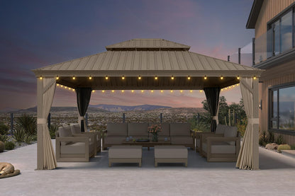 Outdoor Gazebo 14'X16'，Champagne Hardtop Gazebo with Galvanized Steel Double Roof, Permanent Patio Gazebo with Curtains and Netting for Patio Lawn Garden and Deck