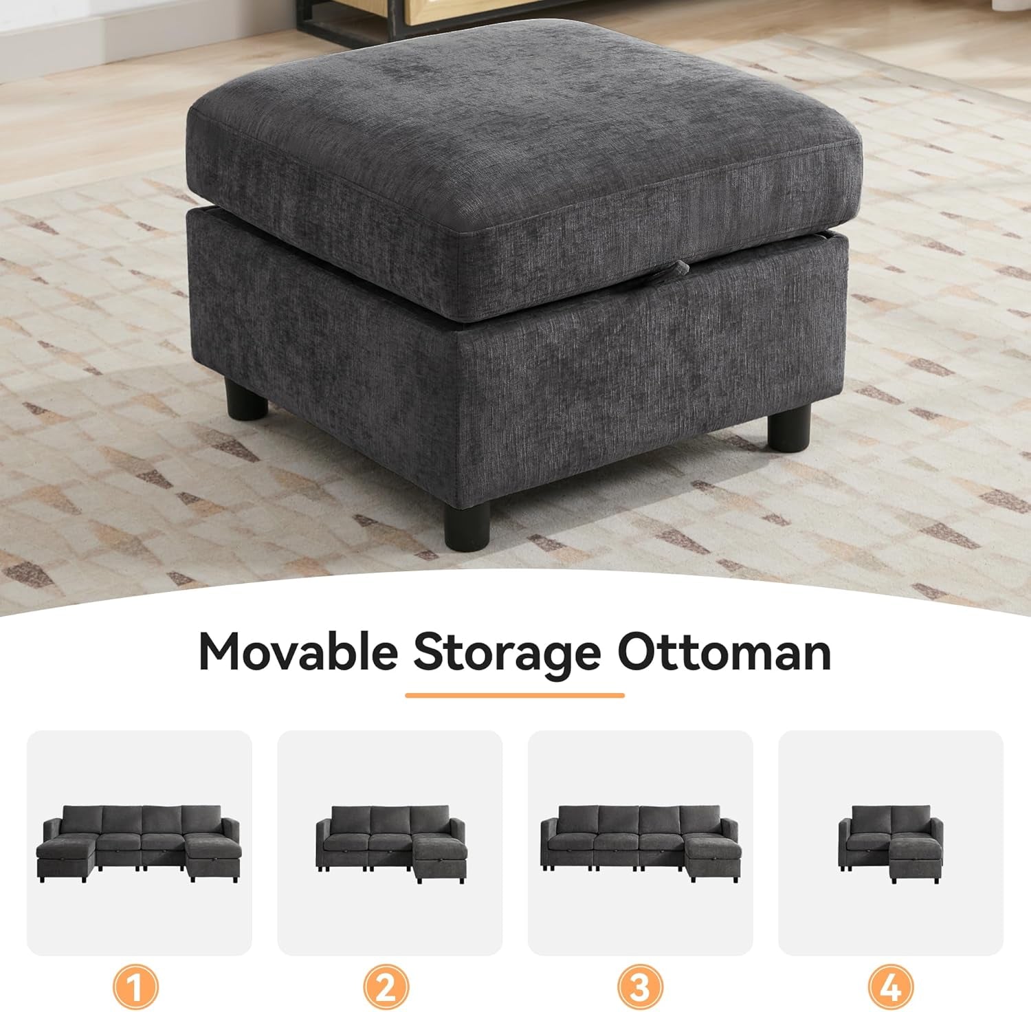 58”Modular Sectional Loveseat Sofa, Modern Love Seat 2 Seater Sofa Couch with Storage, Chenille Modular Sectional Couch for Living Room, Bedroom, Office, Small Apartment, Dark Grey