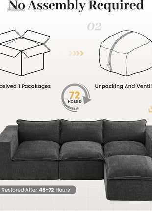 Stylish 101" Modular Cloud Sofa with Ottoman - L-Shaped Boneless Sectional Couch for Living Room, No Assembly Required, Dark Grey