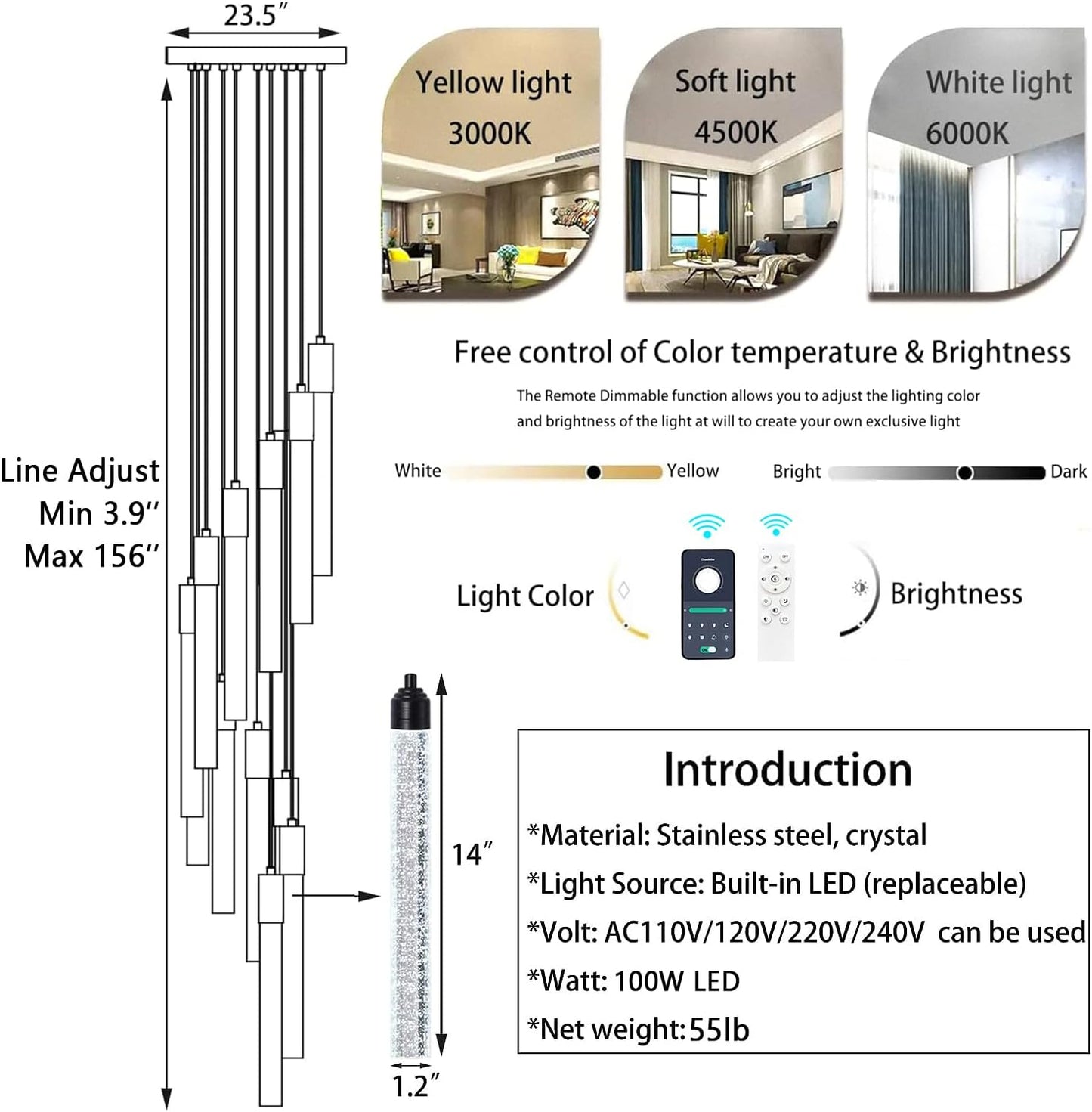 20-Lights Chandelier LED Dimmable Chandeliers for Entryway Flush Mount Ceiling Pendant Light Fixture Crystal Chandeliers for Living Room Black Finished Lighting Modern 156In High Ceiling Chandelier