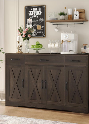 55" Modern Farmhouse Buffet Cabinet with Drawers and Shelves, Dark Brown Wood Sideboard Storage for Kitchen and Dining Room