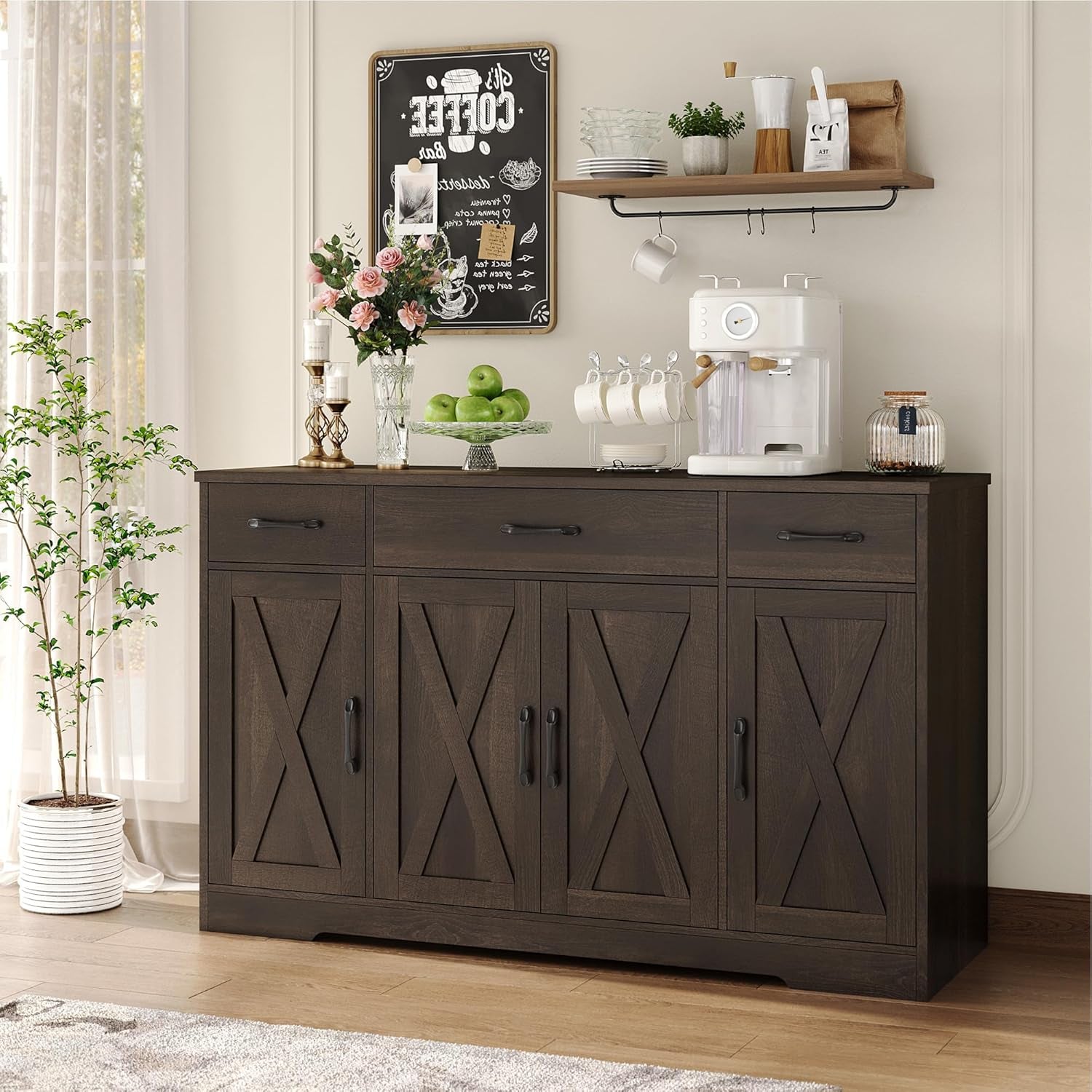 Buffet Cabinet with Drawers, 55" Large Sideboard Buffet Storage Cabinet with Shelves and Doors, Modern Farmhouse Coffee Bar Station Wood Kitchen Table for Kitchen, Dining Room, Dark Brown