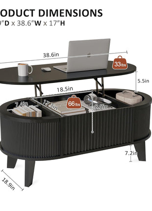 Contemporary Oval Fluted Lift-Top Coffee Table with Storage for Living Room or Home Office in Black