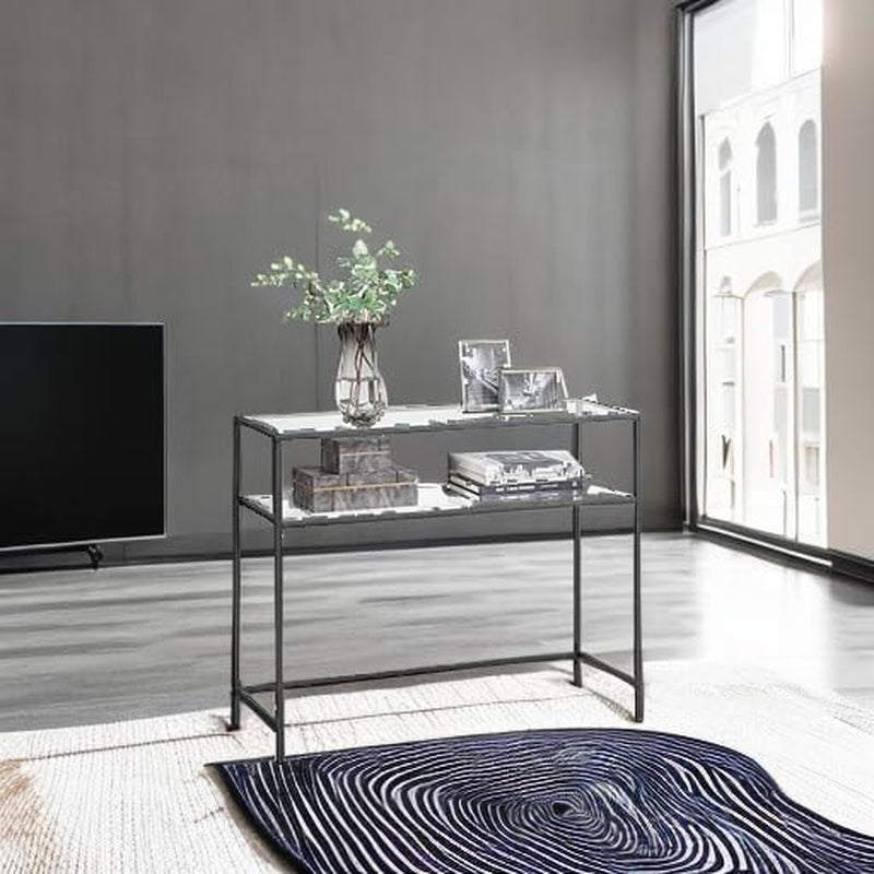 39.4 Inch Console Sofa Table, Modern Entryway Table, Tempered Glass Table, Metal Frame, 2 Shelves, Adjustable Feet, for Living Room, Hallway, Black ULGT025B01