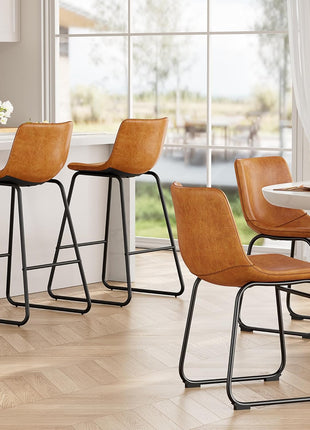Set of 4 Contemporary PU Leather Counter Height Bar Stools, 26" Armless Dining Chairs with Metal Legs and Footrest in Brown