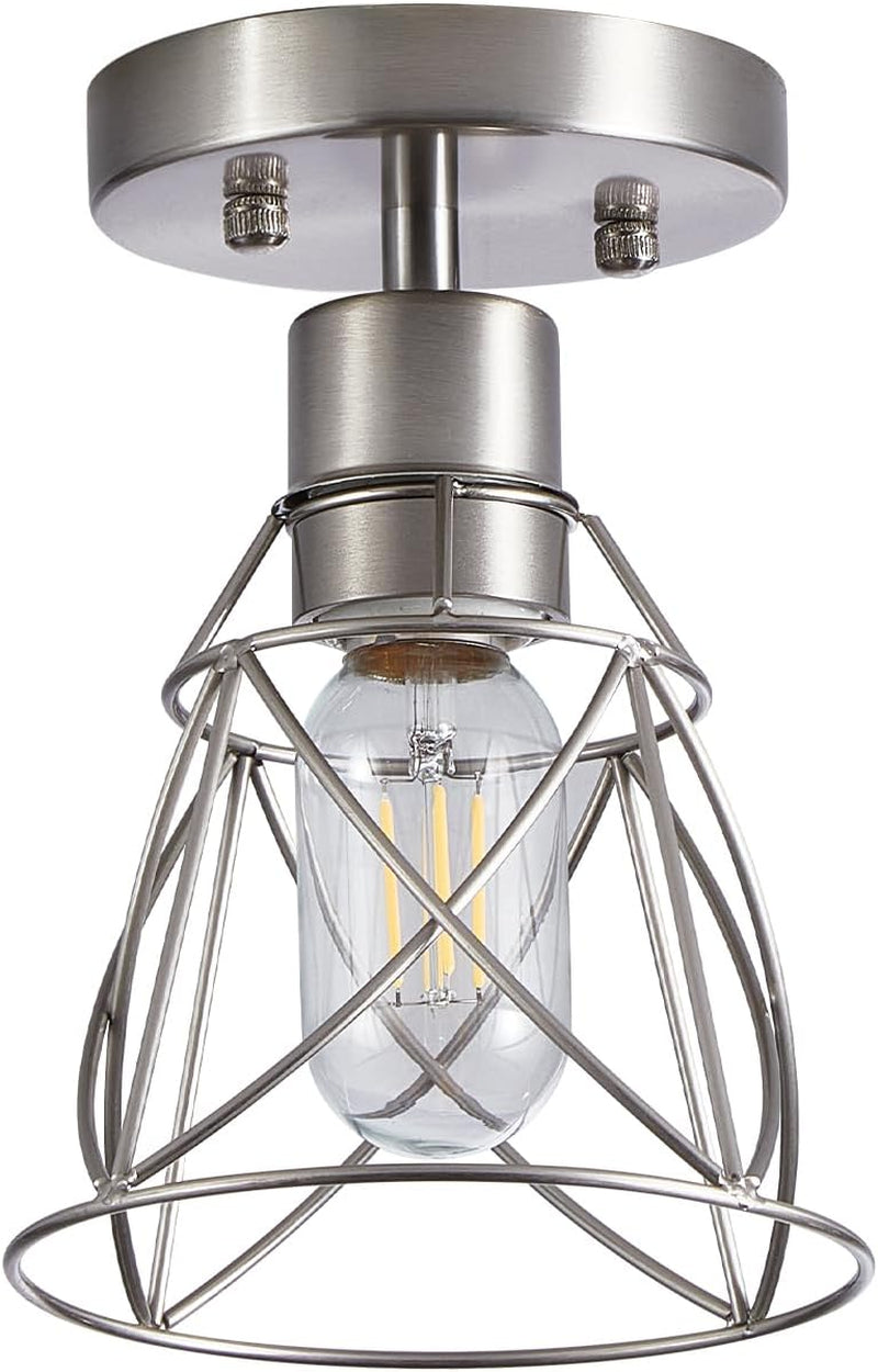 1 Light Semi Flush Mount Ceiling Light Fixture, Rustic Modern Framhouse Brushed Nickel Kitchen Ceiling Light with Metal Cage Shade for Foyer Kitchen Hallway Entryway Bedroom(1 Pack)