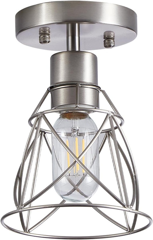 1 Light Semi Flush Mount Ceiling Light Fixture, Rustic Modern Framhouse Brushed Nickel Kitchen Ceiling Light with Metal Cage Shade for Foyer Kitchen Hallway Entryway Bedroom(1 Pack)