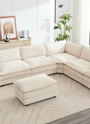 150'' Modular Sectional Cloud Couch, 7 Seater Corner Sofa Big Comfy Corduroy V Shaped Couch with 4 Throw Pillows, Convertible Chaise, Ottoman, Couches for Living Room Office Beige