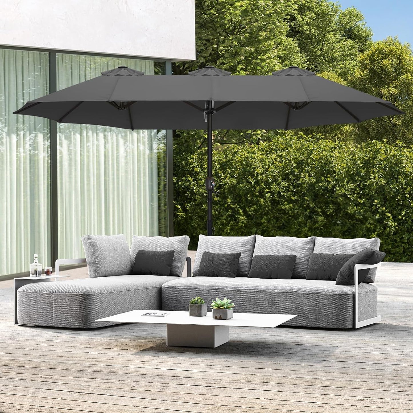 15FT Patio Umbrella with Base, Outdoor Double-Sided Rectangle Umbrella Bonus Latch, Wights for Poolside, Lawn, Backyard (Dark Gray)