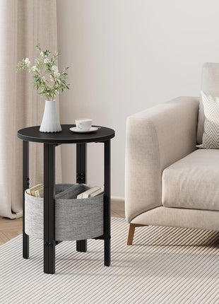 Set of 2 Contemporary Half Moon Accent Tables with Storage Baskets, Black, Perfect for Living Room and Bedroom Decor