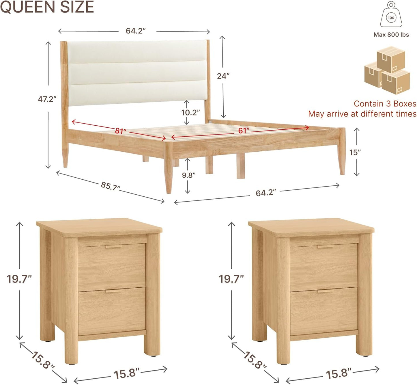 3 Pieces Bedroom Set, Wood Bed Frame with Upholstered Headboard & 2 Nightstands with Storage, Wooden Platform Mattress Foundation Farmhouse Bedroom Furniture Set