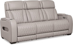 Boyington Contemporary Leather Match Power Reclining Sofa with USB Charging Ports, LED Lights and Adjustable Headrest, Light Gray