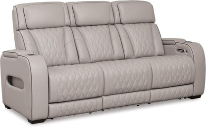 Boyington Contemporary Leather Match Power Reclining Sofa with USB Charging Ports, LED Lights and Adjustable Headrest, Light Gray