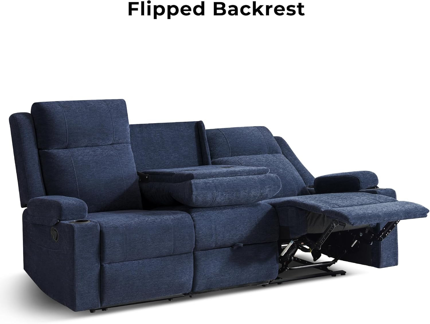 Large Manual Reclining Sofa 3-Seater Chenille Recliner Couch with Cup Holders, Wide Seat, Easy Assembly & Spill-Resistant Fabric Cozy Reclining Sofa for Living Room, Apartment, RV, Blue